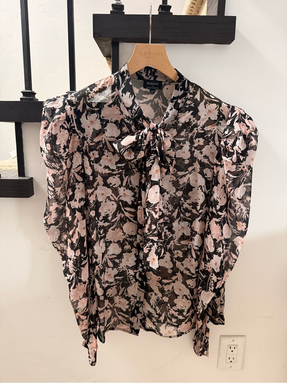 Black Blouse with Pale Pink Floral Tie-Neck